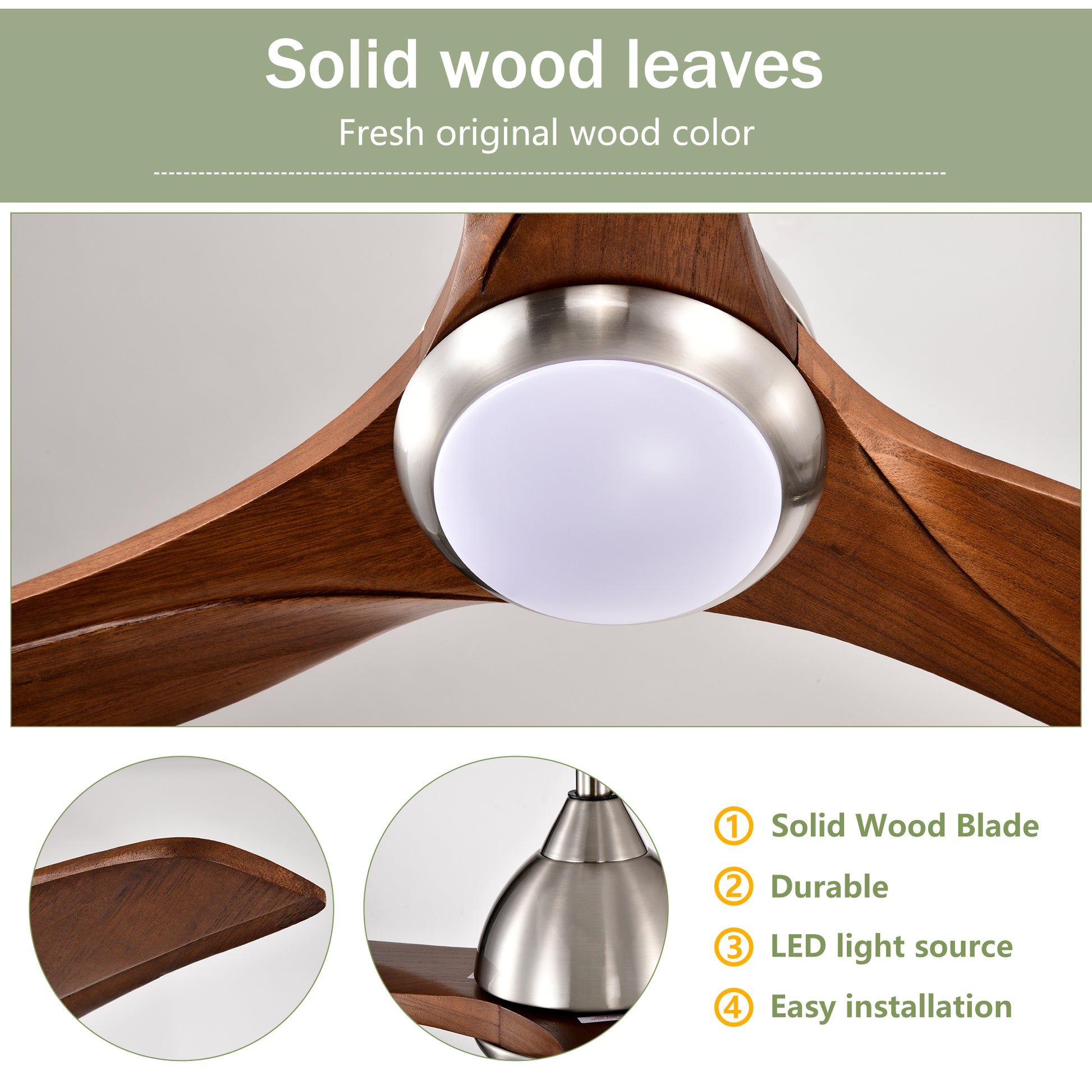 Same Sku W1592P176970 52" Solid Wood Blades Ceiling Fan With Light With Remote Control, Noiseless Reversible Motor, 6 Speed ,3 Colorfor Patio Living Room, Bedroom, Indoor. Stain Nickel Walnut Nickel