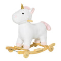 Qaba Rocking Horse, 2 In 1 Kids Ride On Horse, Rolling Unicorn Animal Rocker With Sound, Wooden Base, Pedal, Grip Handle, Plush Riding Pony For 3 6 Years Old, White White Plush