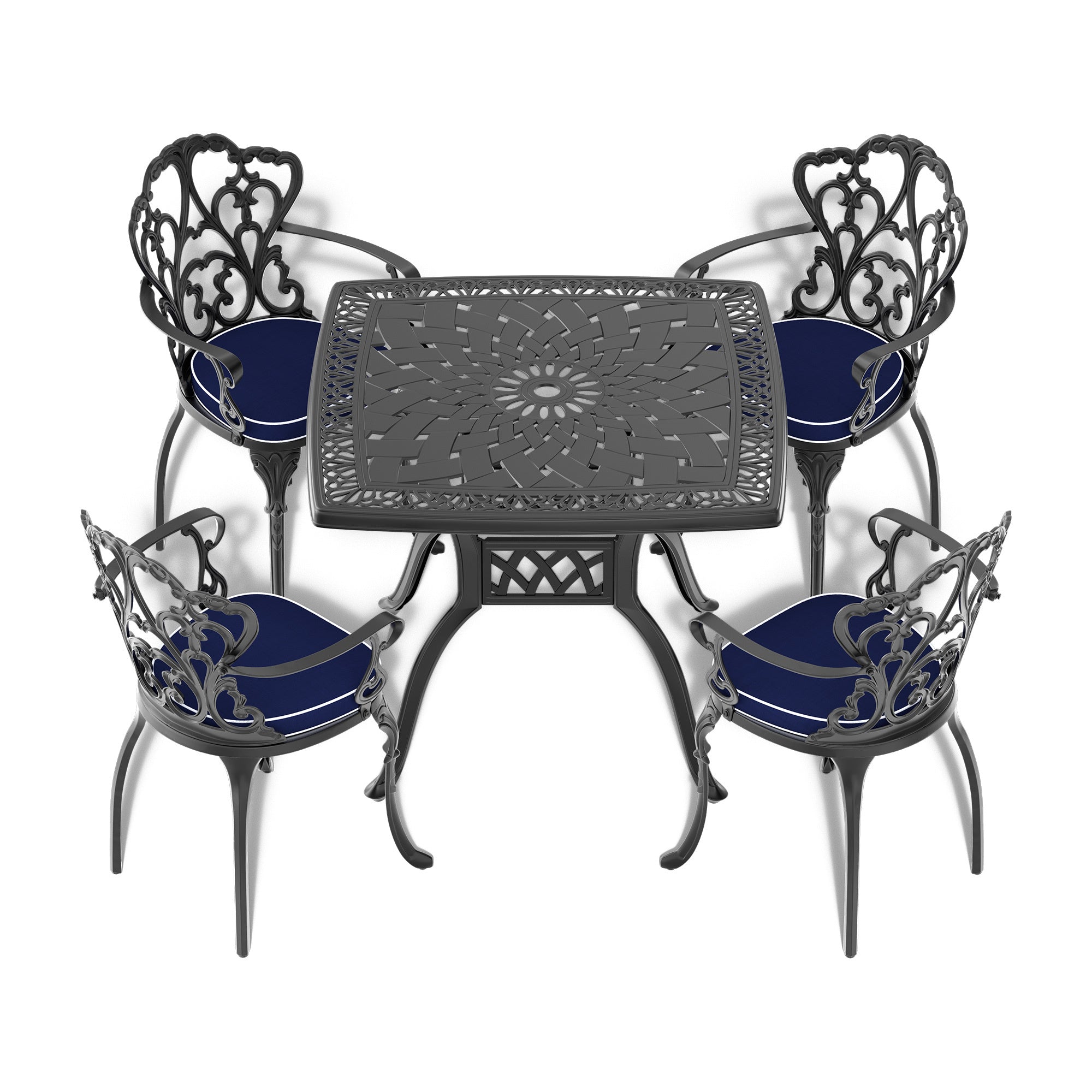 Cushions In Random Colors 5 Piece Set Of Cast Aluminum Patio Furniture With Cushions Yes Dining Set Black Seats 4 Rust Resistant Frame Water Resistant Cushion Garden & Outdoor Complete Patio Sets Aluminium