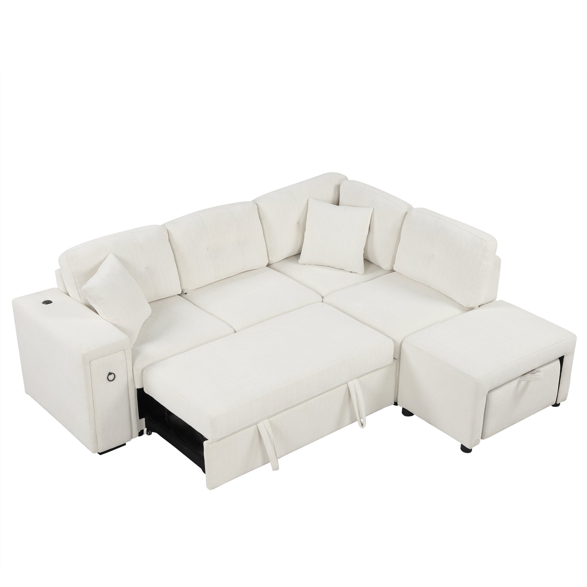 86.6" Sectional Sofa L Shaped Sofa Couch Pull Out Sofa Bed With A Movable Ottoman, Two Usb Ports And Two Cup Holders For Living Room, Beige Beige Foam Chenille 4 Seat