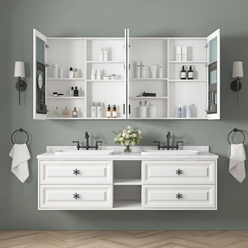 72'' W X 36'' H Bathroom Mirror Medicine Cabinet Wooden Door Medicine Cabinets For Bathroom, Wall Mounted Recessed Or Surface, Bathroom Mirror With Storage White Engineered Wood