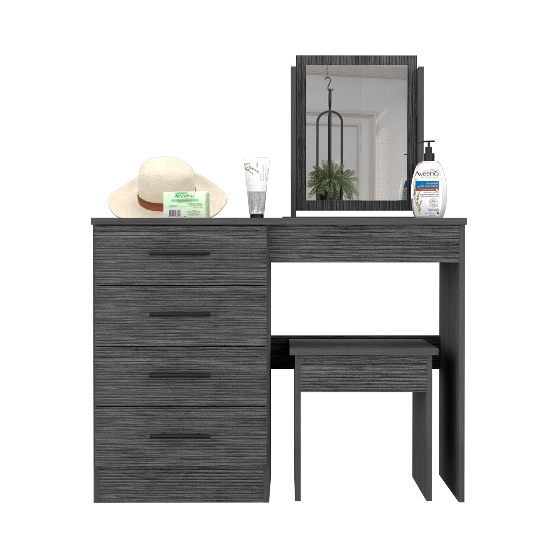 Makeup Dressing Table, Mirror, Four Drawers, Stool, Smokey Oak Smoke Grey Solid Wood Mdf Engineered Wood