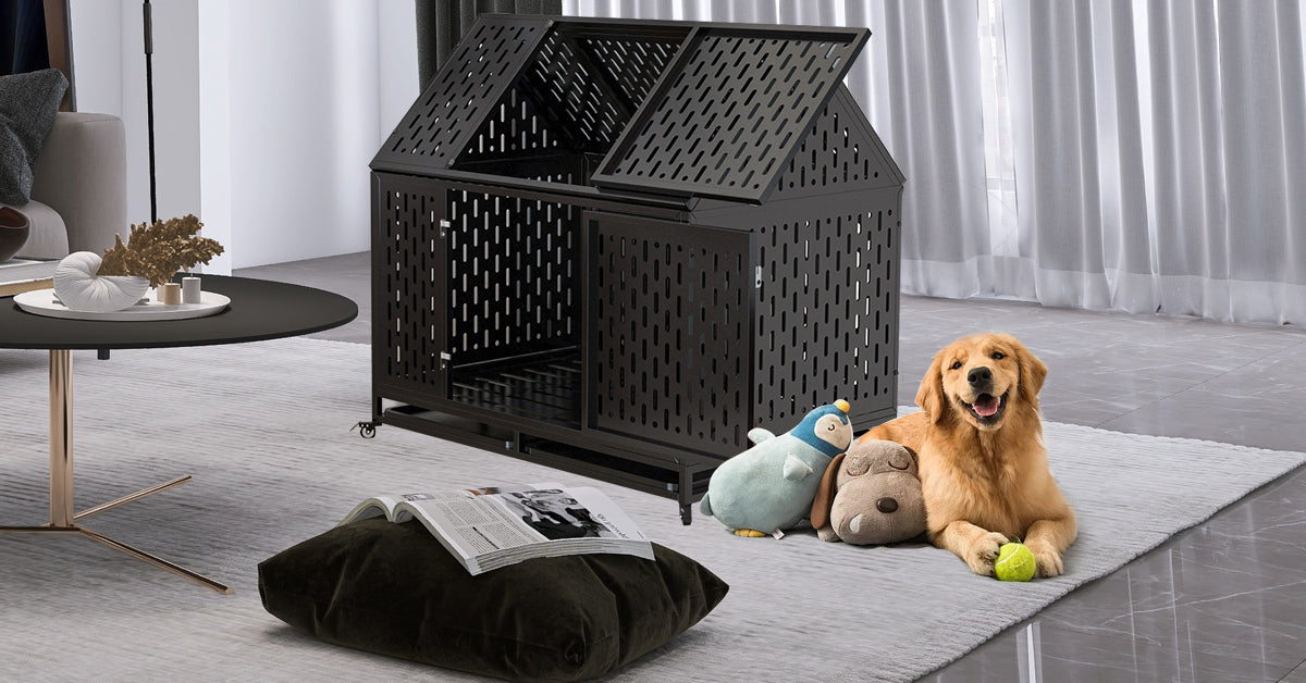 45" Heavy Duty Dog Crate 45 Inch Indestructible Pet Dog Cage Crate Kennel With Roof Top 2 Doors Removable Trays, Lockable Wheels, Escape Proof For High Anxiety Large Extra Dogs Black Outdoor Kennel Large 41 70 Lbs Steel