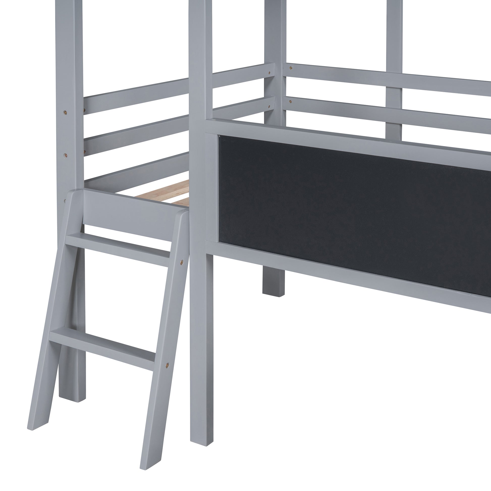 Twin Size Loft Bed With Ladder And Slide, House Bed With Blackboard And Light Strip On The Roof, Gray Twin Gray Solid Wood Mdf