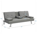 Sofa Bed With Armrest Two Holders Wood Frame, Stainless Leg, Futon Grey Pvc Grey Leather 2 Seat