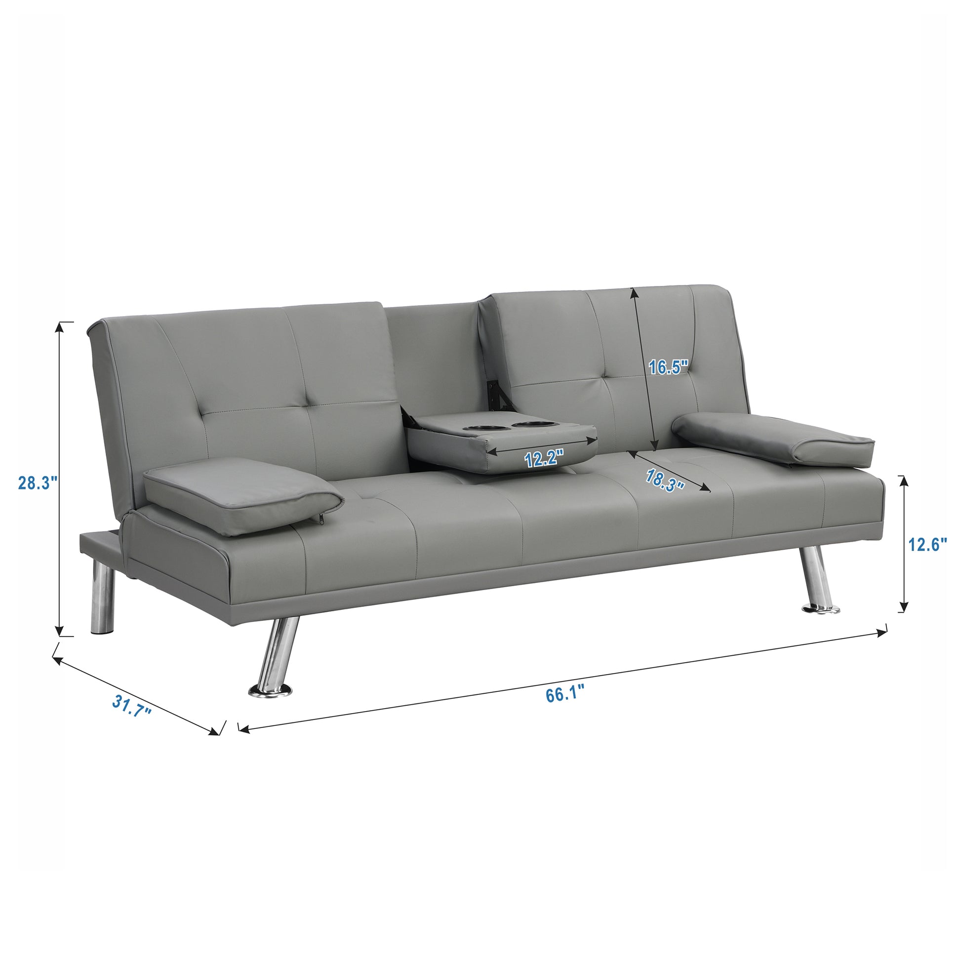 Sofa Bed With Armrest Two Holders Wood Frame, Stainless Leg, Futon Grey Pvc Grey Leather 2 Seat
