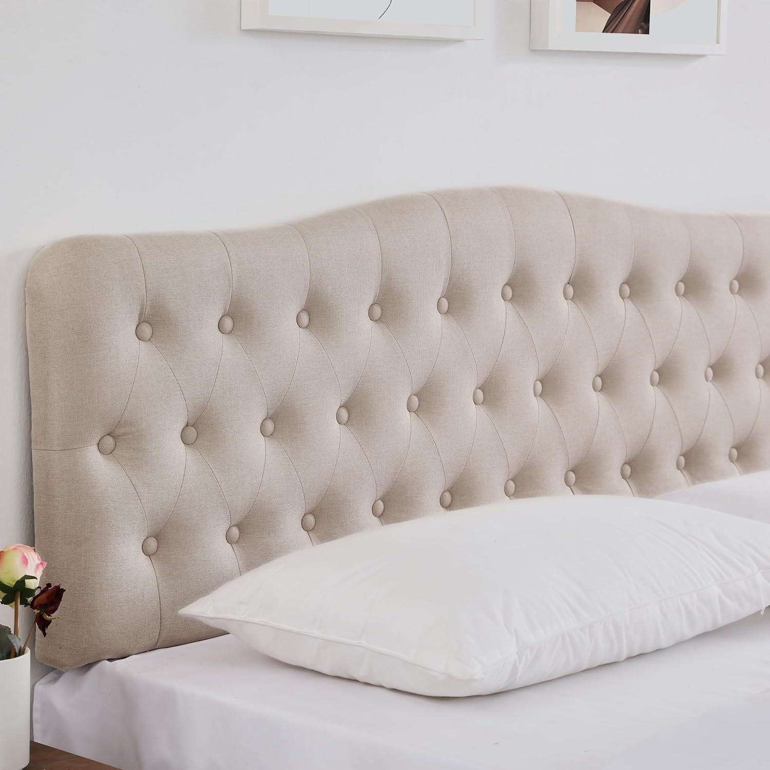 Upholstered Queen Headboard, Button Diamond Tufted Headboard With Adjustable Height And Solid Wood Leg, Linen Fabric Padded Headboard For Queen Size Bed, Mordern Head Board, Beige Queen Beige Bedroom Bed Frame Linen Fabric Metal