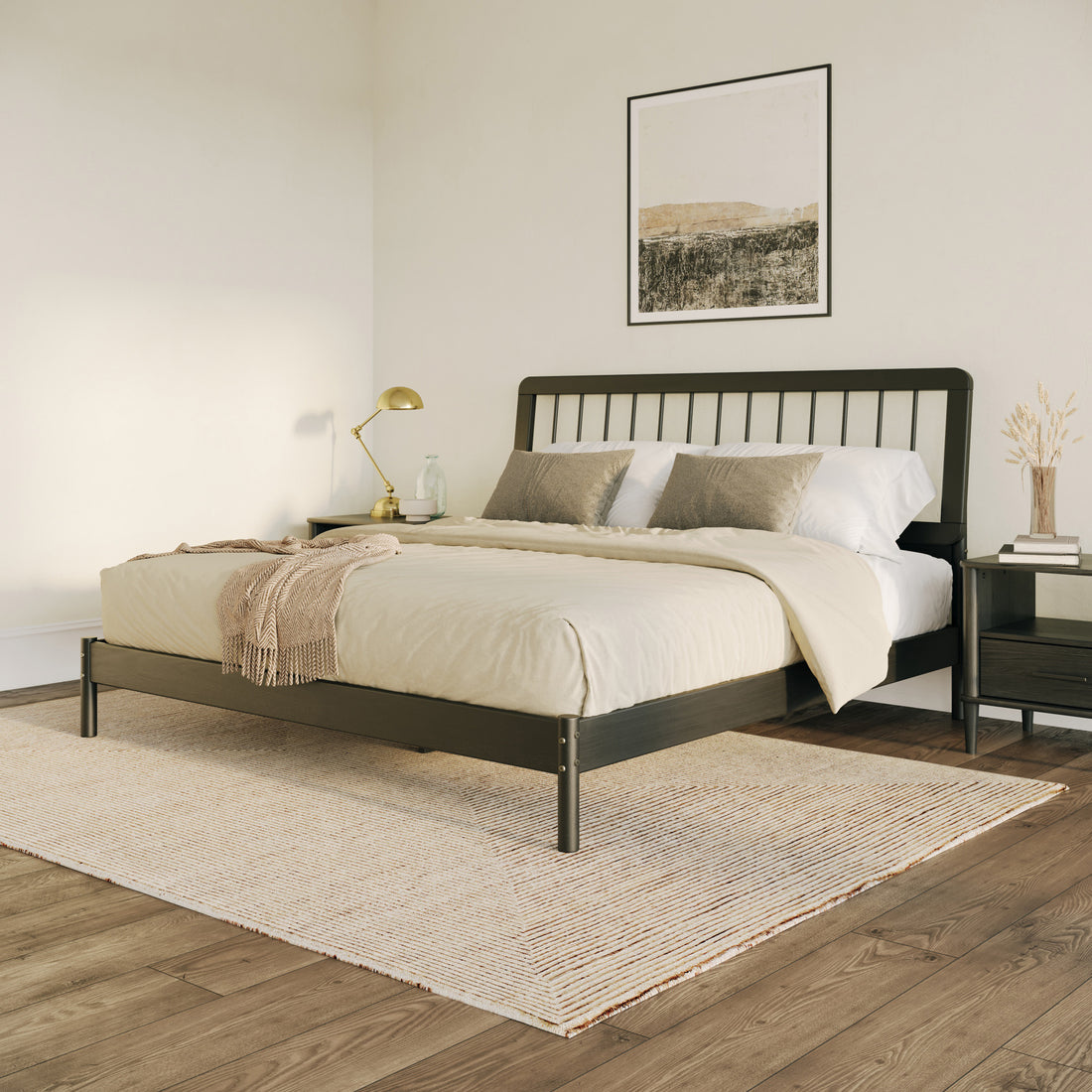 Mid Century Modern Solid Wood King Spindle Bed Black King Black Pine Pine