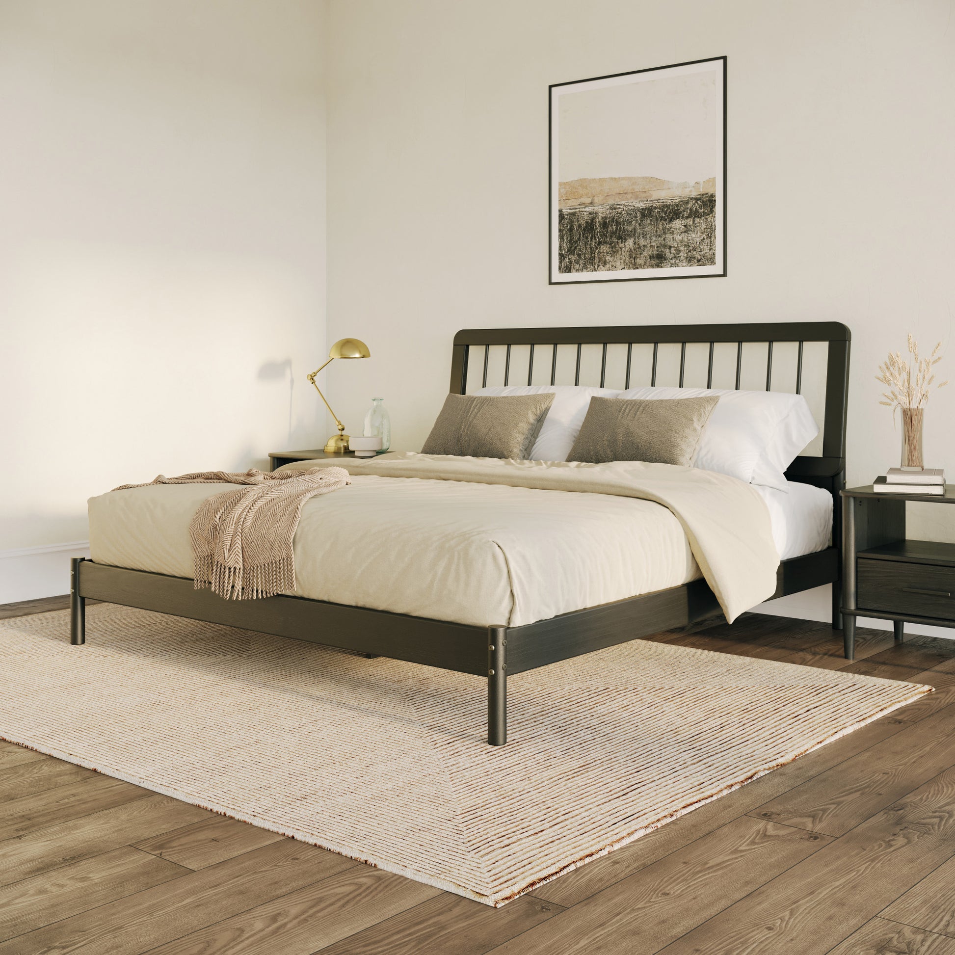 Mid Century Modern Solid Wood King Spindle Bed Black King Black Pine Pine