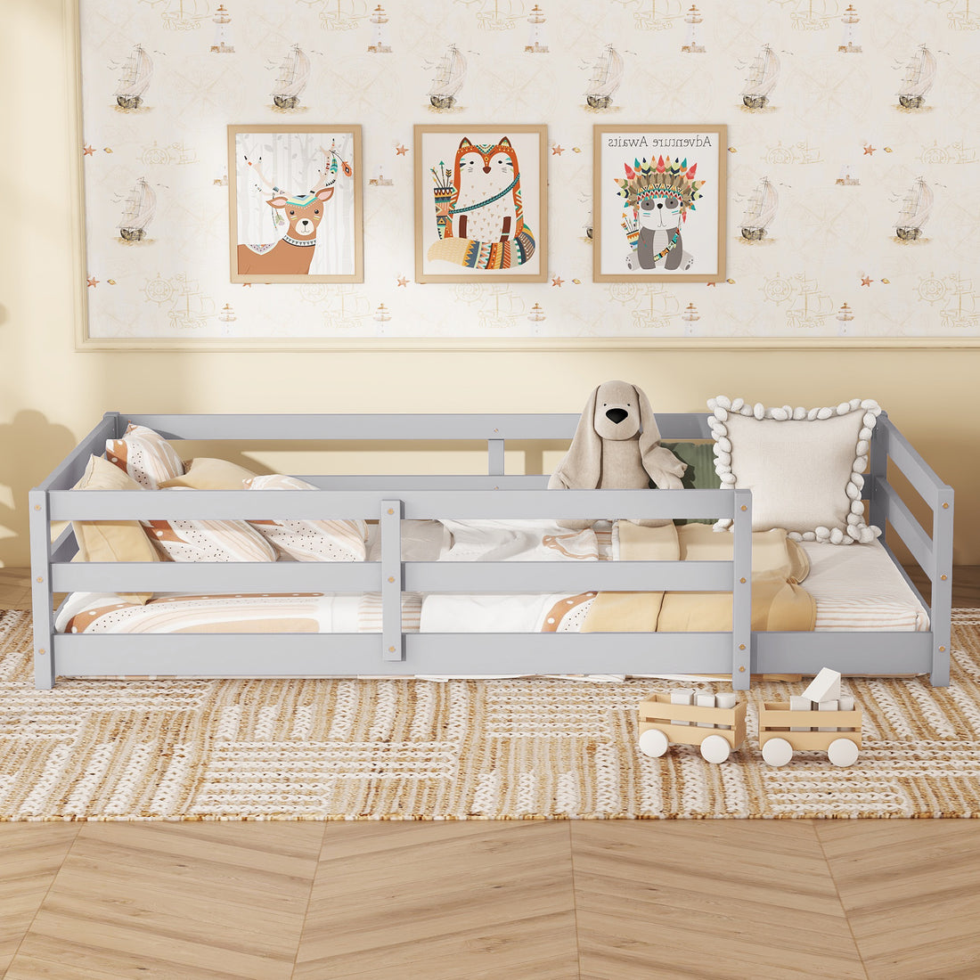 Twin Size Floor Bed, Montessori Floor Bed With Fence, Kids Montessori Bed Twin Size, Wood Montessori Floor Bed For Kids, Girls, Boys Gray Grey Wood Metal