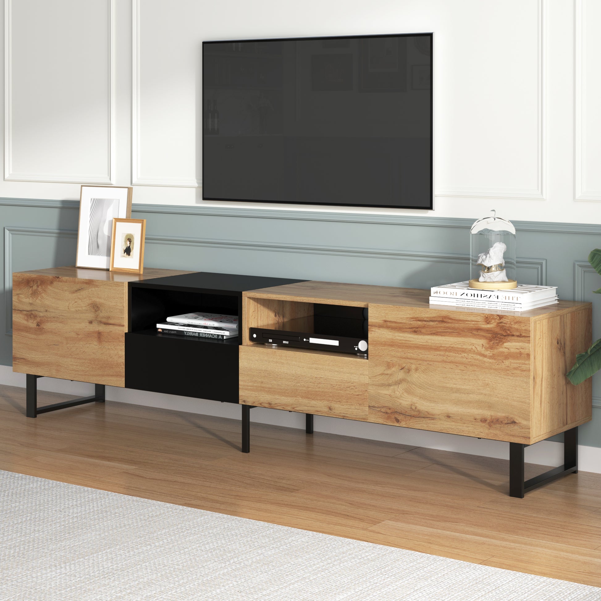 Modern Tv Stand With 2 Cabinets& Open Storage Compartment, Color Matching Media Console Table For Tvs Up To 85'', Entertainment Center With Drop Down Door For Living Room, Bedroom, Home Theatre Wood Brown Primary Living Space 70 79 Inches 90 Inches Or