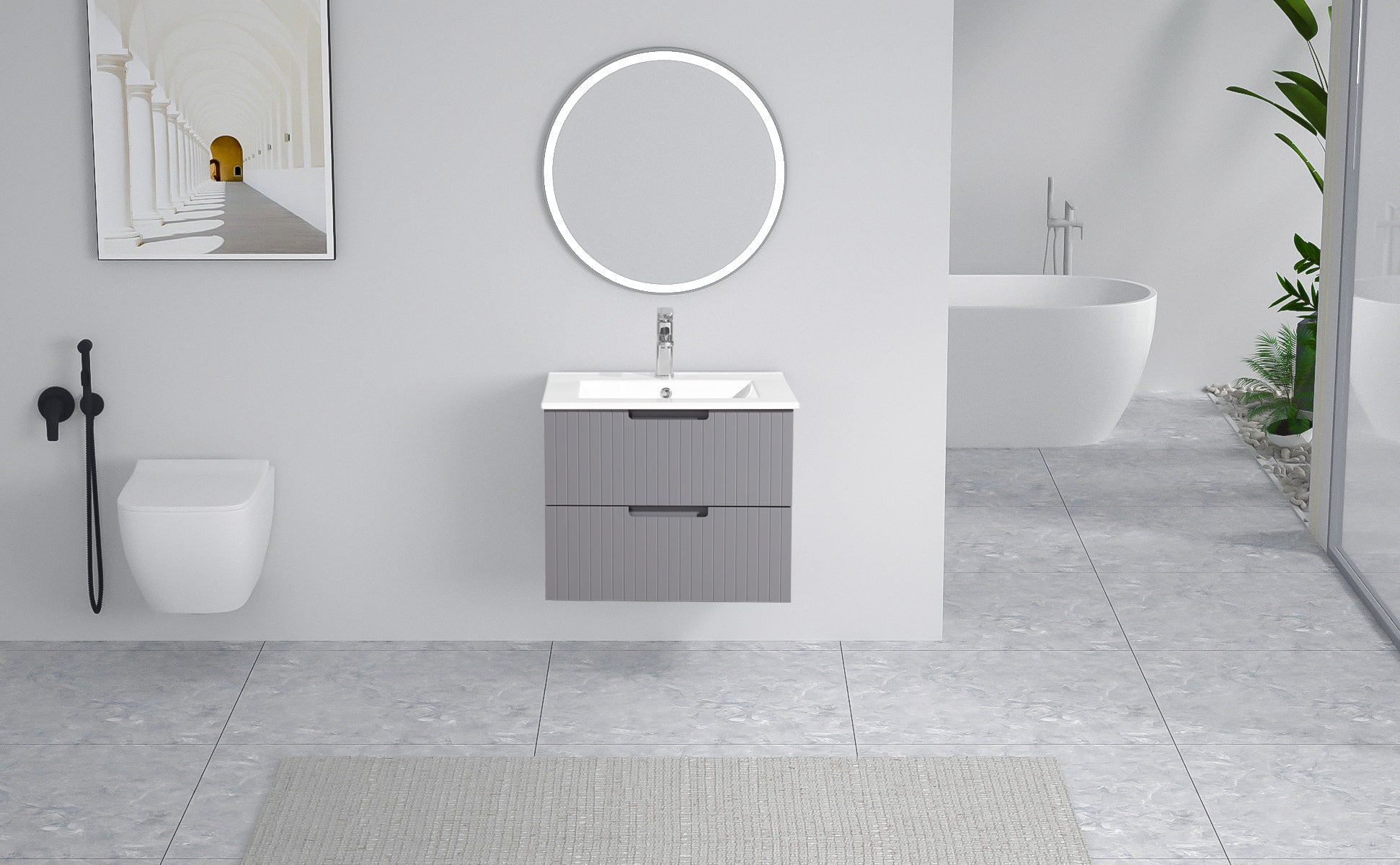 24 Inch Floating Bathroom Vanity With Ceramic Sink, Modern Bath Storage Cabinet Vanity With Drawers Wall Mounted Combo Set For Bathroom, Gray Grey Mdf