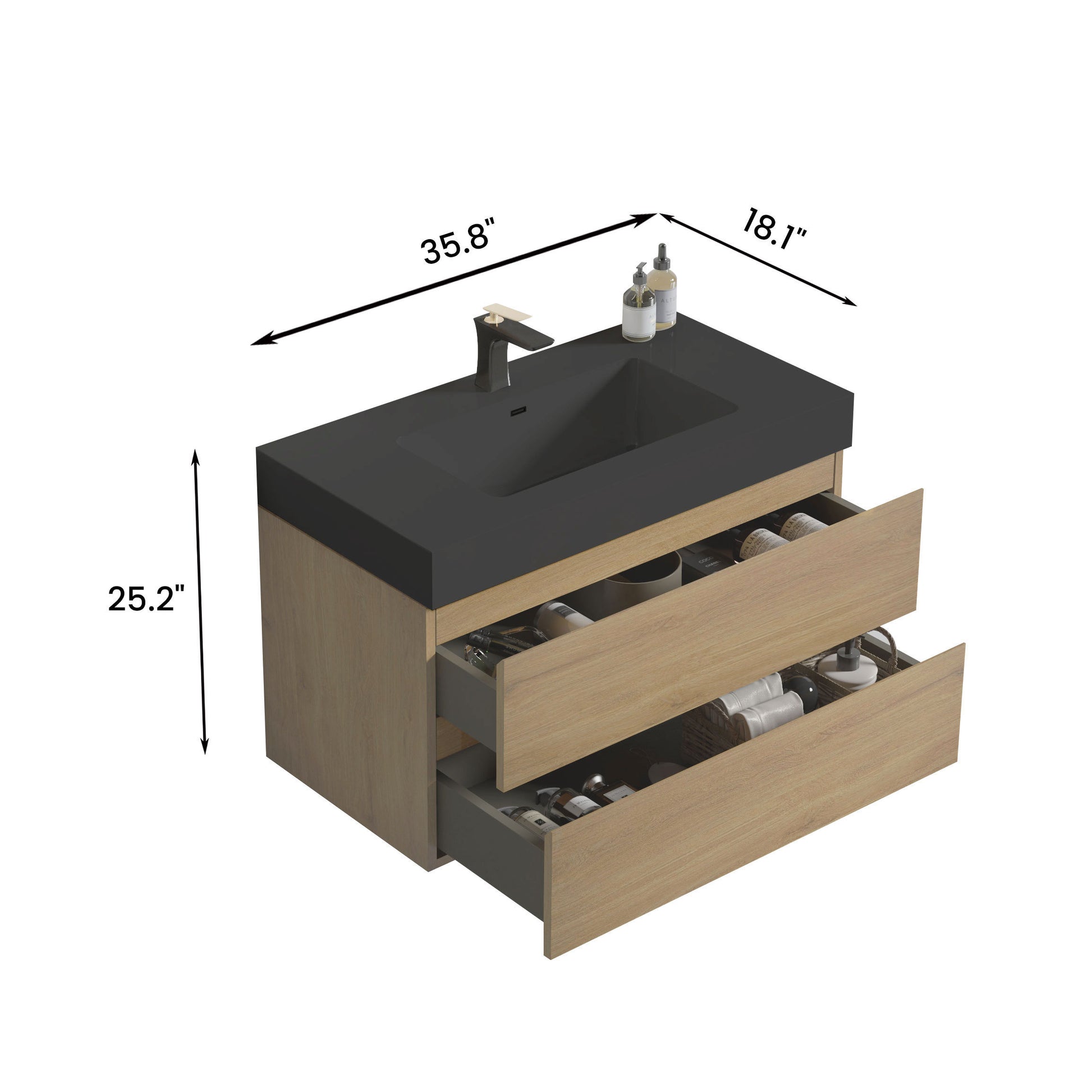 U092 Alice36W 106 Alice 36" Natural Oak Bathroom Vanity With Sink, Large Storage Wall Mounted Floating Bathroom Vanity For Modern Bathroom, One Piece Black Sink Basin Without Drain, Pre Assembled Walnut Black Bathroom Modern Mdf Melamine