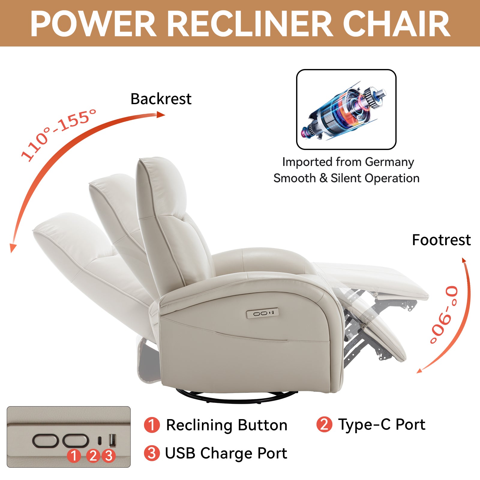 Beige Grey Leatheraire Swivel And Rocker Power Recliner Chair With Lumbar Support, Max Swivel Degree 270 , Heavy Duty Motion Mechanism With Usb And Type C Ports Beige Grey Faux Leather Power Push Button Metal Primary Living Space Medium Firm Pillow Back