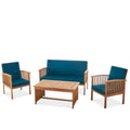 Outdoor Acacia Wood Sofa Set With Water Resistant Cushions, 4 Pcs Set, Brown Patina Teal Blue Teal Blue Acacia Wood