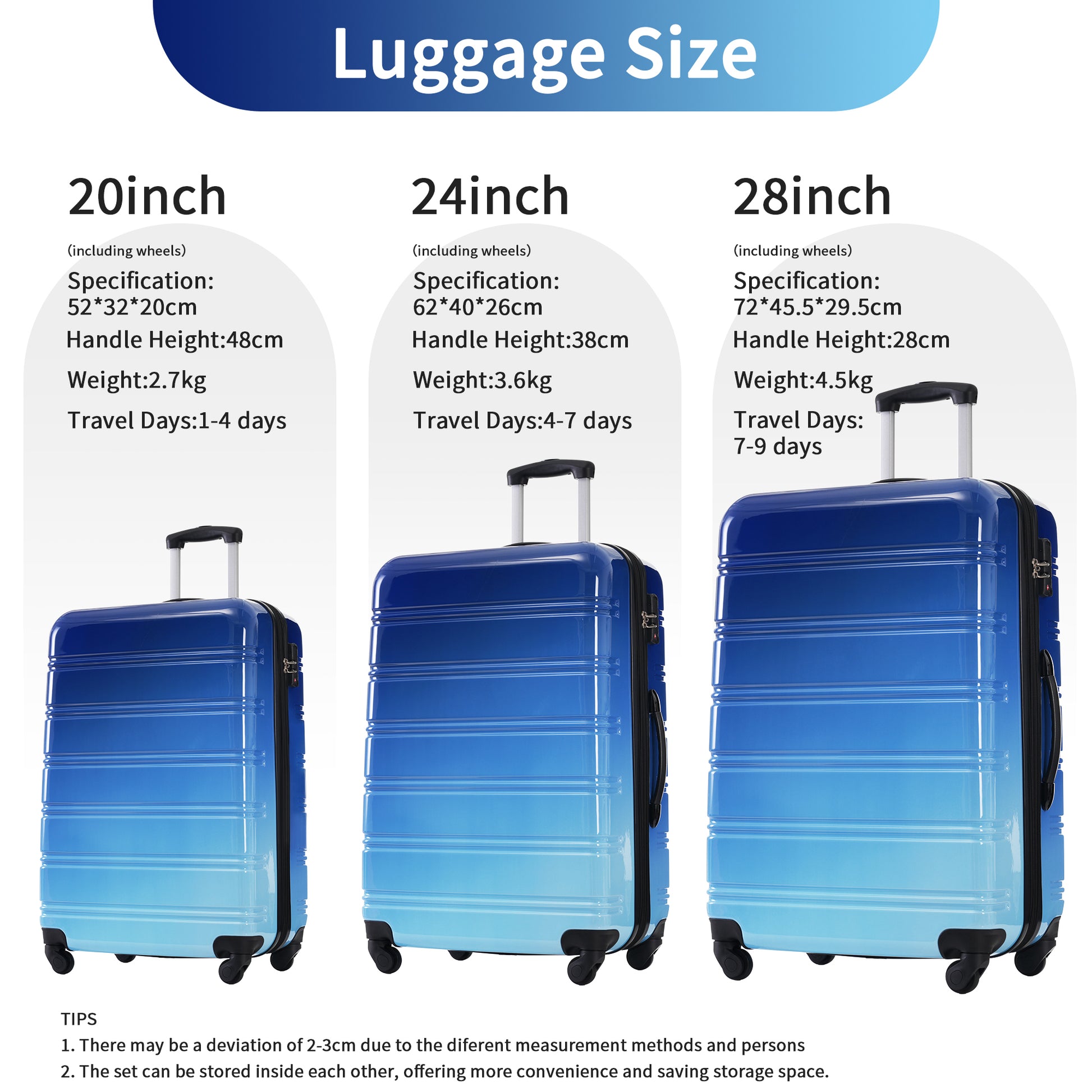 Hardshell Luggage Sets 3 Piece Gradient Color Expandable Suitcase With Spinner Wheels And Tsa Lock Lightweight 20" 24" 28" Available,Blue And Light Blue Blue Multi Pc