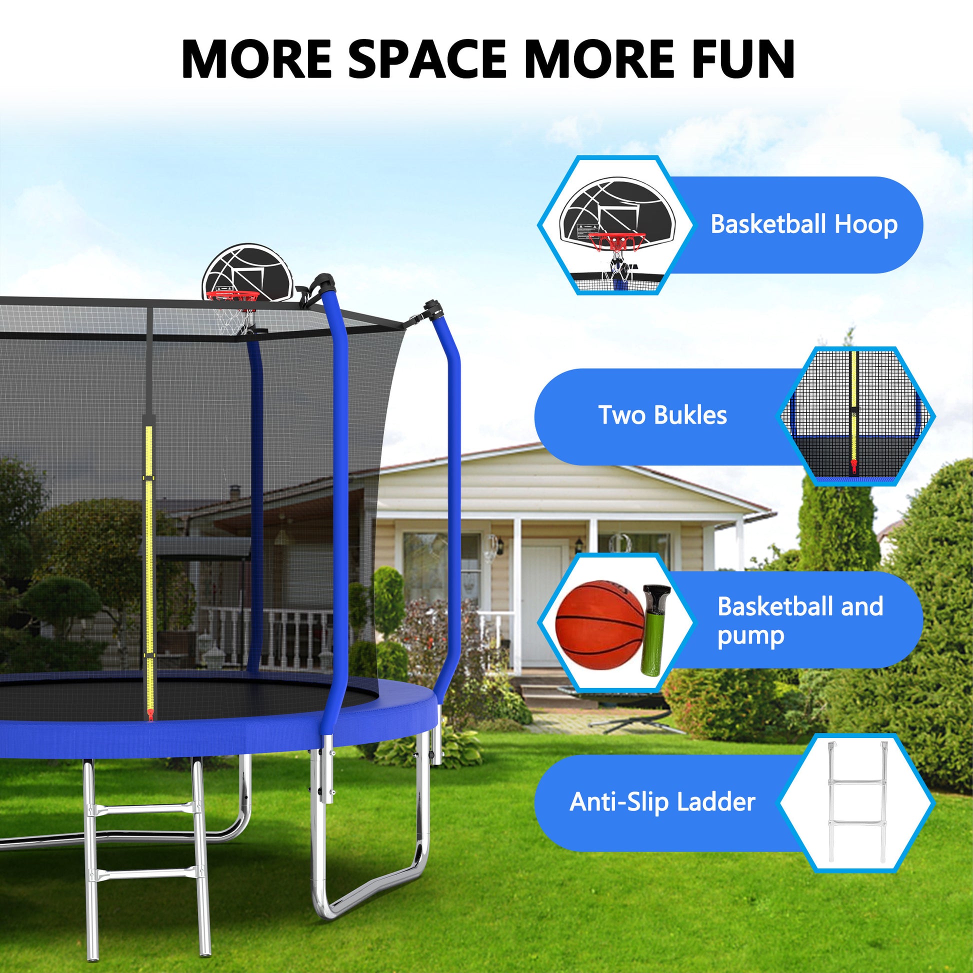 8Ft Trampoline With Basketball Hoop, Astm Approved Reinforced Type Outdoor Trampoline With Enclosure Net Blue Steel