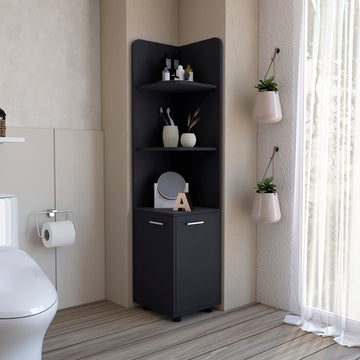 Malibu 62" Tall Double Door Corner Linen Cabinet With Four Shelves Black Black Particle Board