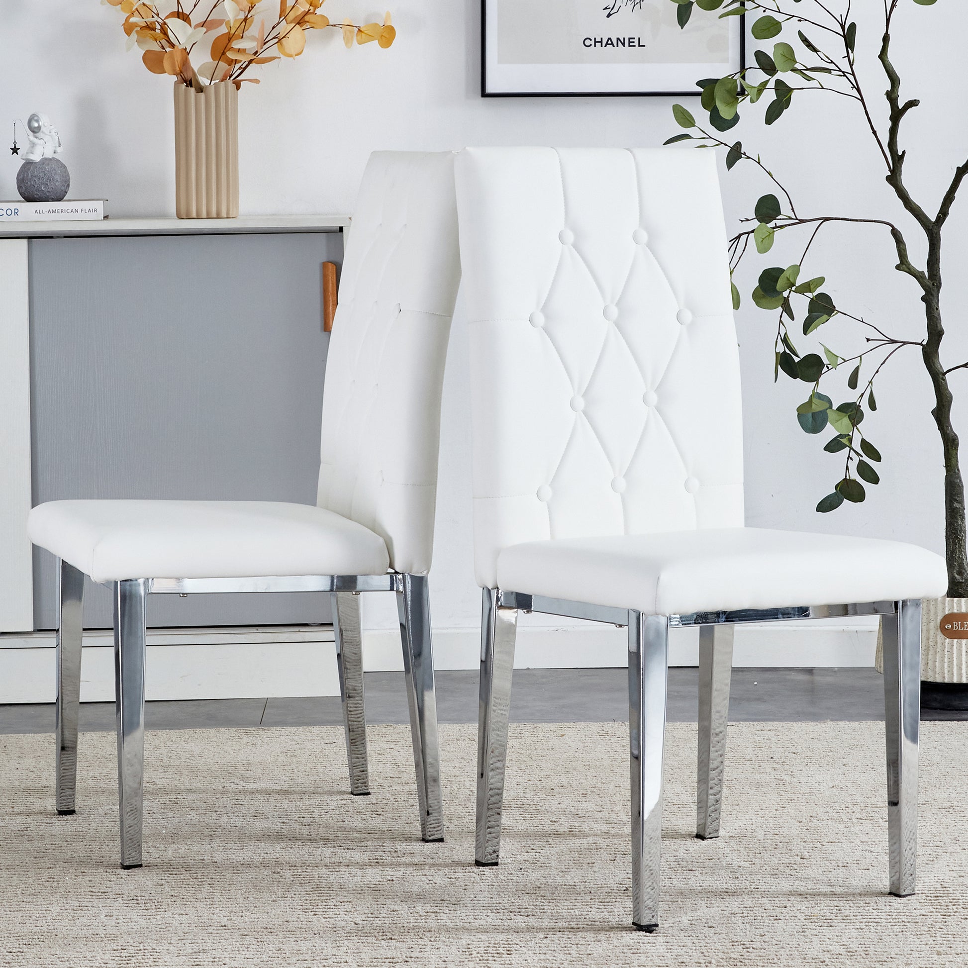 2 Piece Dining Chair Set, Modern Style Kitchen Soft Cushion High Backrest, With Embedded Buttons, Metal Leg Office Chair, Suitable For Restaurants, Offices, And Restaurants. White Pu