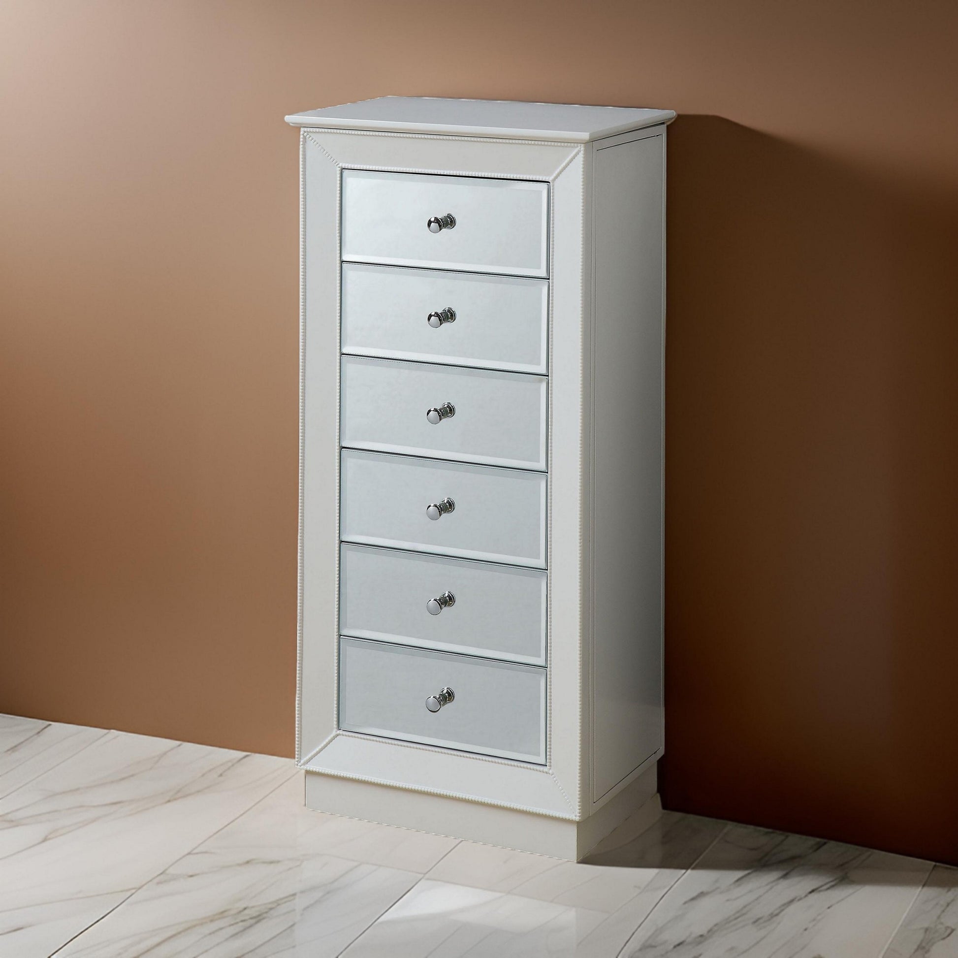 Wood Jewelry Armoire Having 6 Drawers With Mirror Front, White White Wood