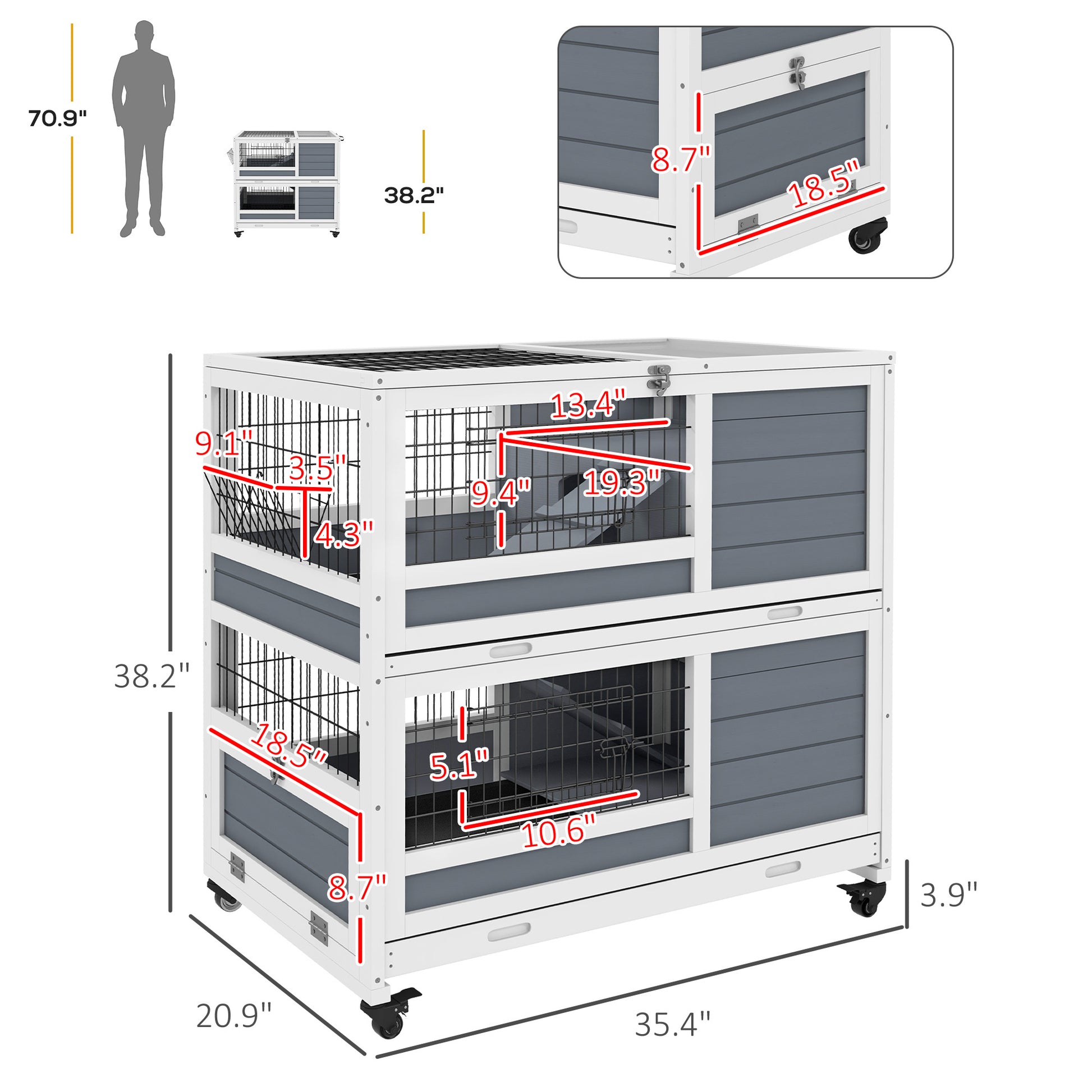 Pawhut Indoor Rabbit Hutch With Wheels, 2 Tier Rabbit Cage, 35.5" Wooden Guinea Pig Cage With Feeding Trough, Removable Trays, Ramps & Openable Top For 1 2 Rabbits, Gray Gray Wood