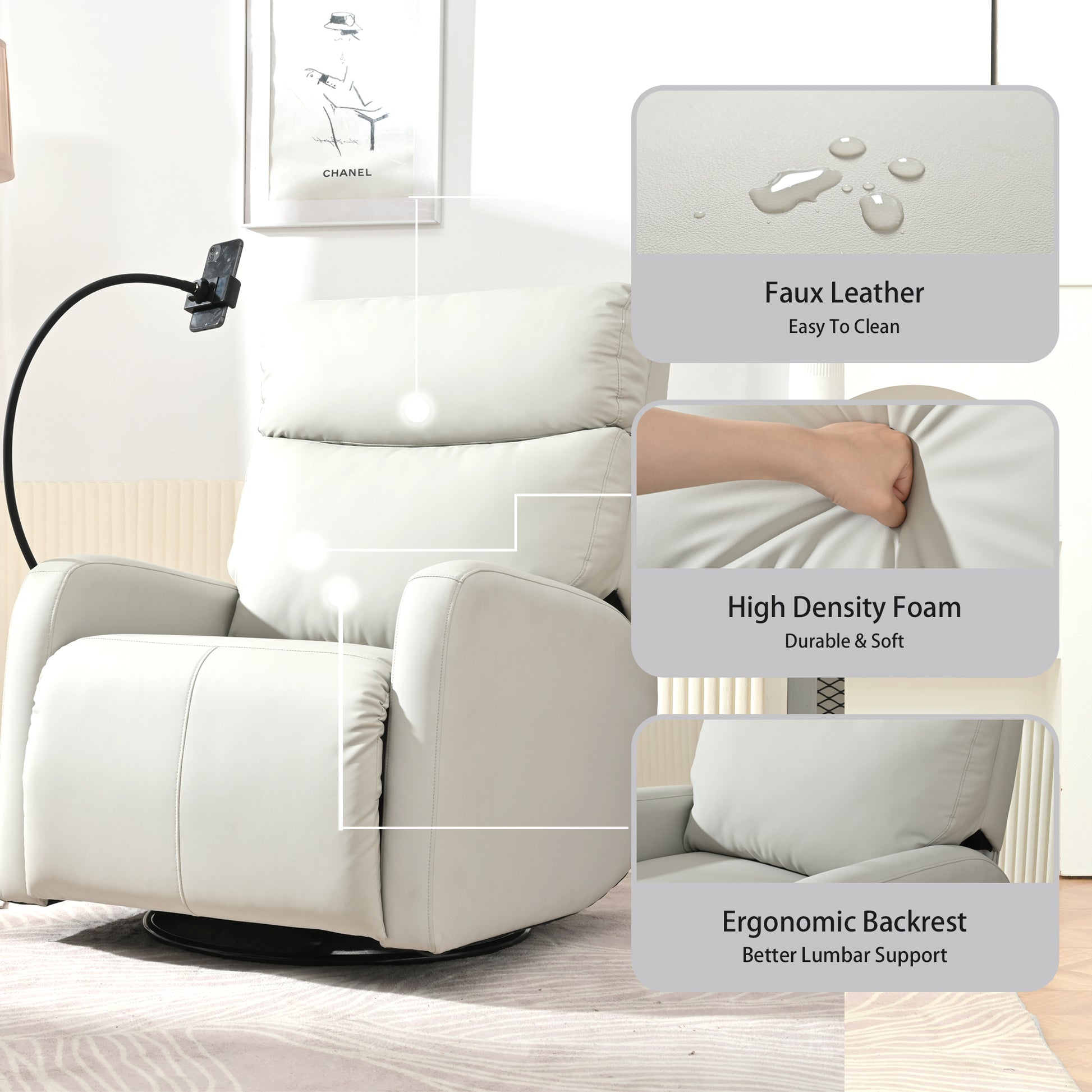 270 Power Swivel Rocker Recliner Chair, Electric Glider Reclining Sofa With Usb Ports, Power Swivel Glider, Rocking Chair Nursery Recliners For Living Room Bedroom Light Gray Solid Light Brown Primary Living Space Push Button Rubberwood Solid Back Wood