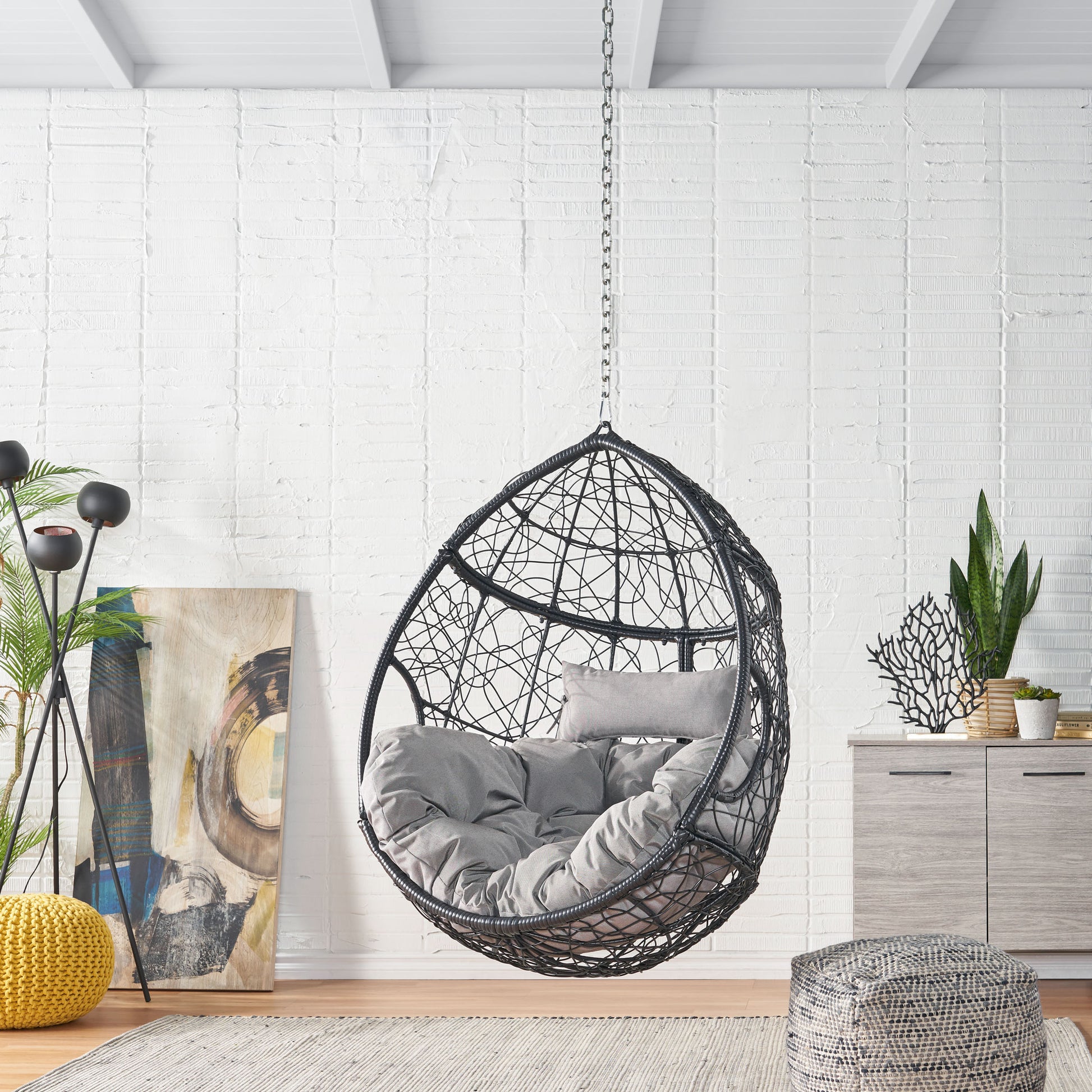 Castaic Hanging Chair With 8Ft Chain Grey Black Pe Rattan Iron