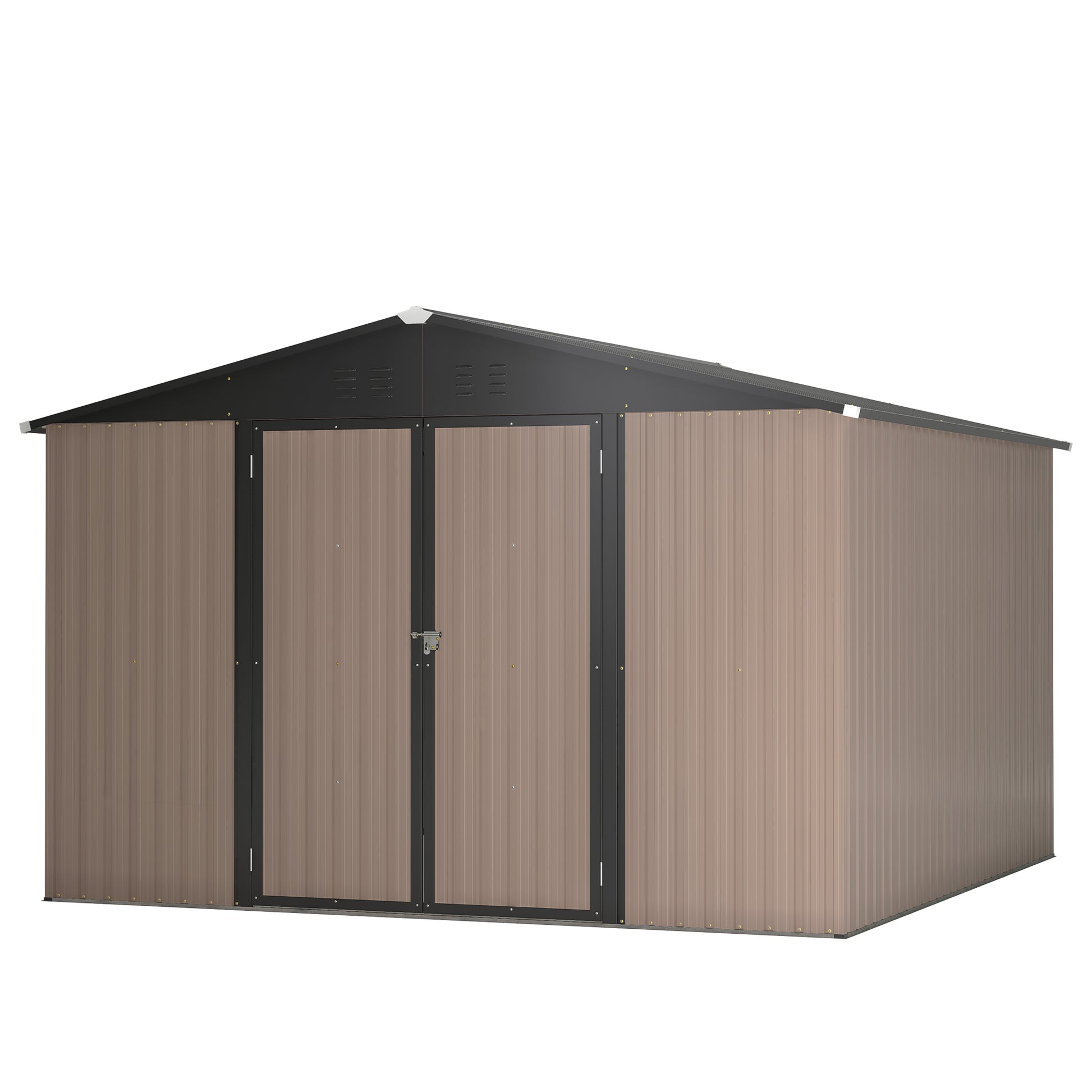 10' X 10' Metal Storage Shed For Ourdoor, Steel Yard Shed With Design Of Lockable Doors, Utility And Tool Storage For Garden, Backyard, Patio, Outside Use Brown Metal