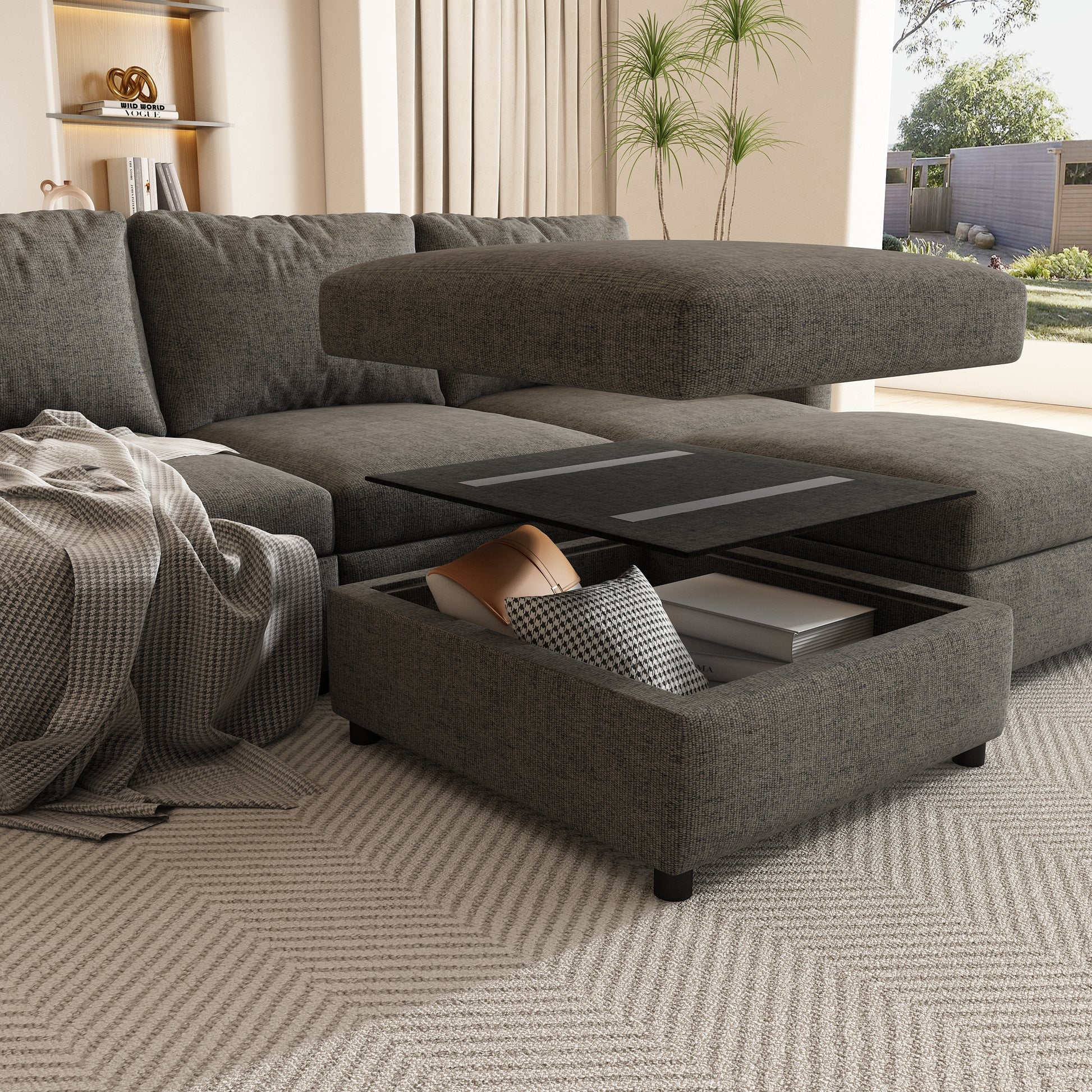 Modern Large Sectional Sofa, U Shape Modular Sectional Couch With Storage Function,123" Sofa Bed With Ottoman,6 Seat Sectionals Chaise For Living Room,Chenille Grey Fabric 6 Seat