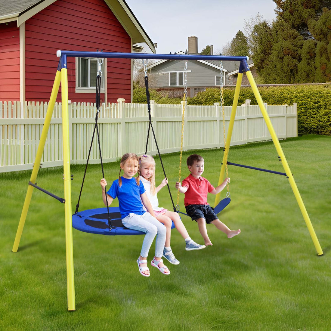 Indoor Outdoor Metal Swing Set With Safety Belt For Backyard Multicolor Steel