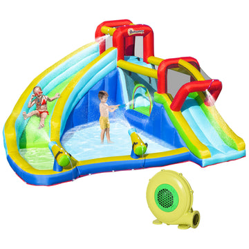 Outsunny 5 In 1 Inflatable Water Slide Kids Bounce House Water Park Jumping Castle Includes Trampoline Slide Water Pool Cannon Climbing Wall With Carry Bag, Repair Patches, 450W Air Blower Colorful Polyester