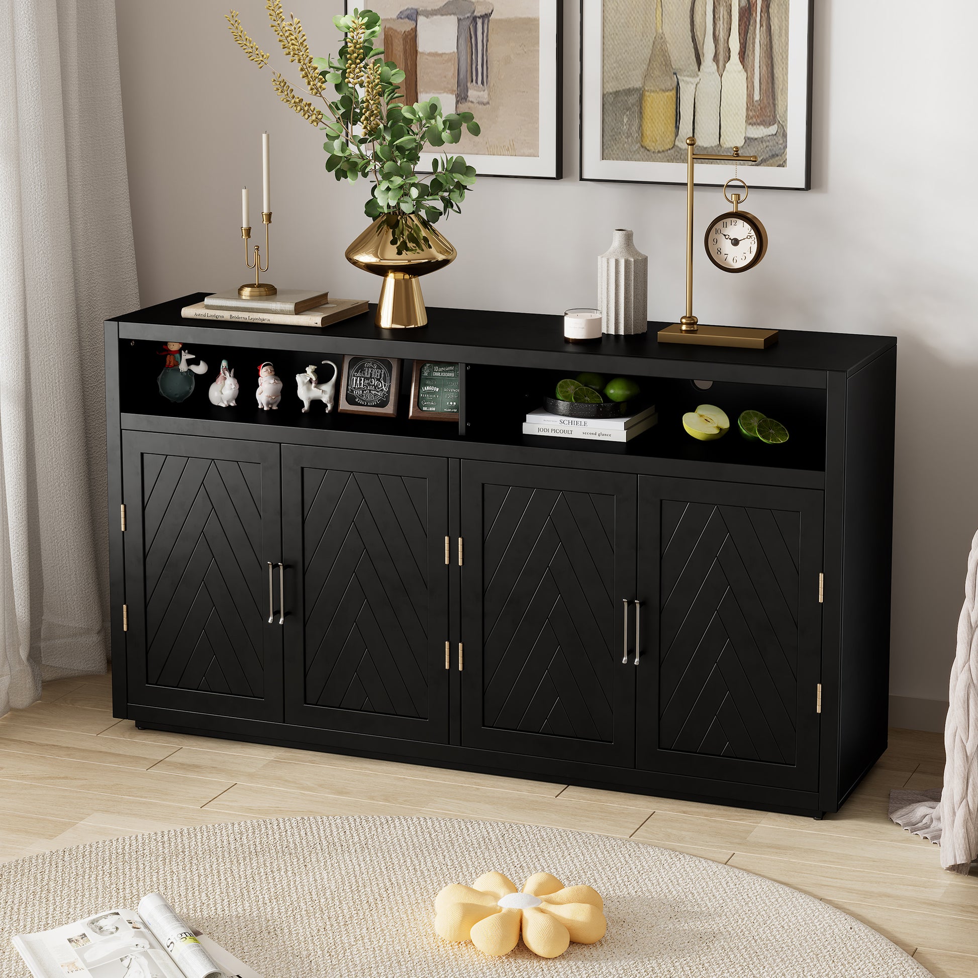 4 Door Classic Sideboard With Open Storage And Adjustable Shelves Perfect For Kitchens, Living Rooms Black Black Mdf