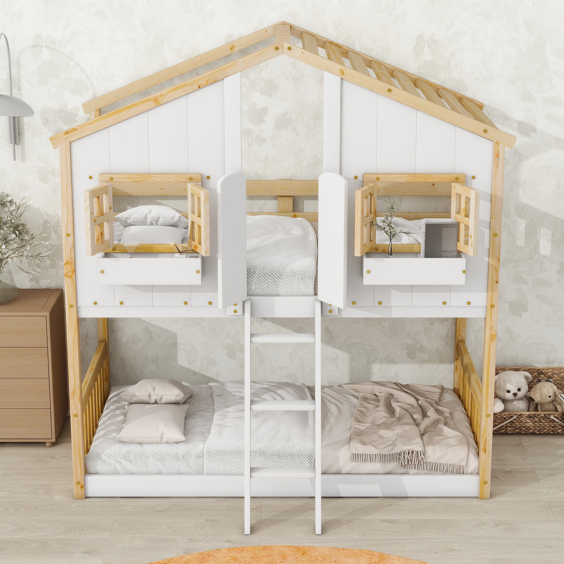 Twin Over Twin House Bunk Bed With Roofwindow, Window Box, Doorwith Safety Guardrails And Ladder, Natural White Twin Natural White Pine