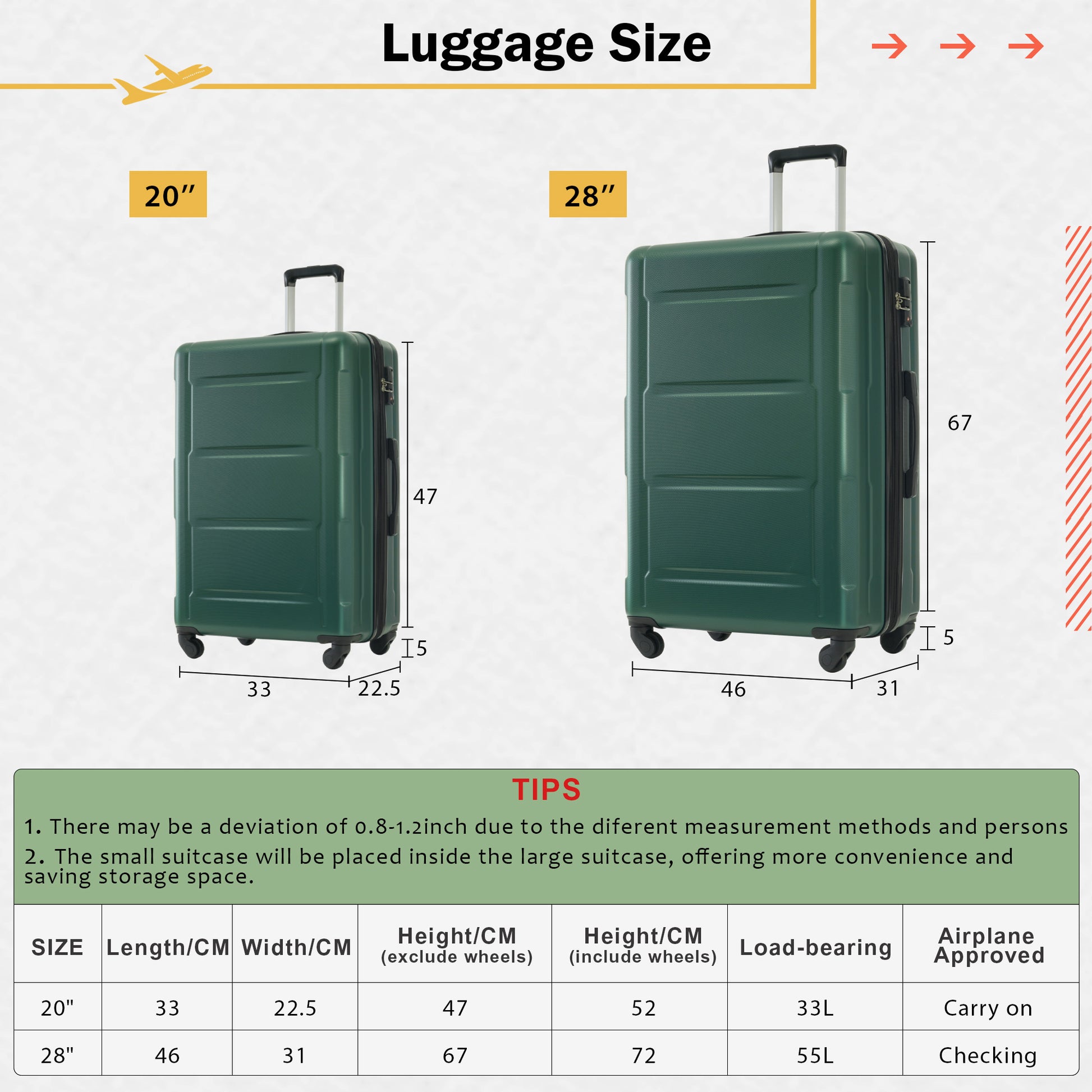 2 Piece Luggage Set With Bags Expanable Spinner Wheels Abs Lightweight Suitcase With Tsa Lock 20Inch 28Inch Green Abs