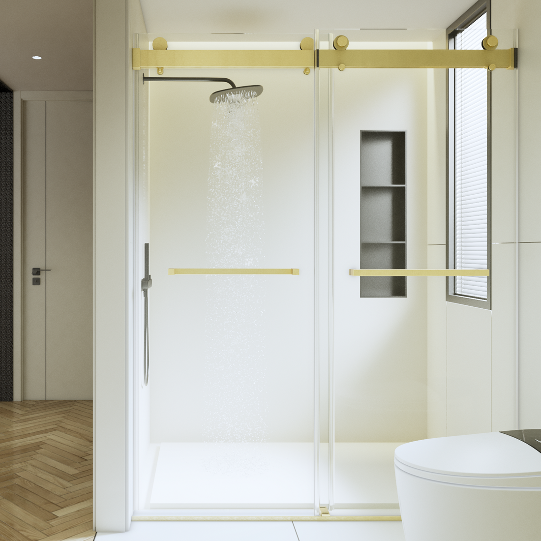 56 60 Inches W *76 Inches H Frameless Double Sliding Soft Close Shower Door In Brushed Gold,3 8 Inches 10Mm Thick Sgcc Tempered Glass Door Brushed Gold Glass Metal