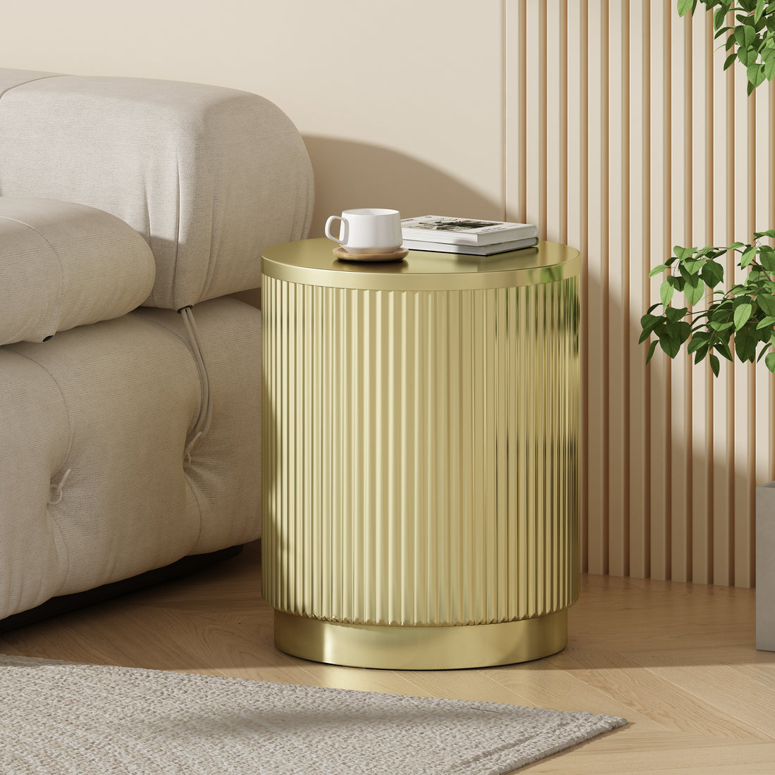 Golden Round Side Table With Vertical Stripes Gold Iron