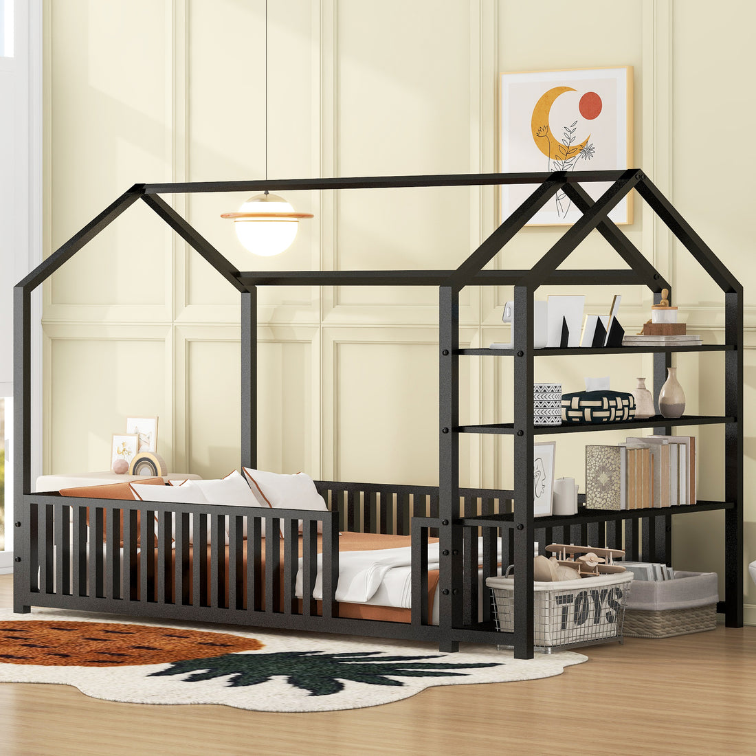 Twin Size Metal House Bed With Fence And Detachable Storage Shelves, Black Twin Black Metal