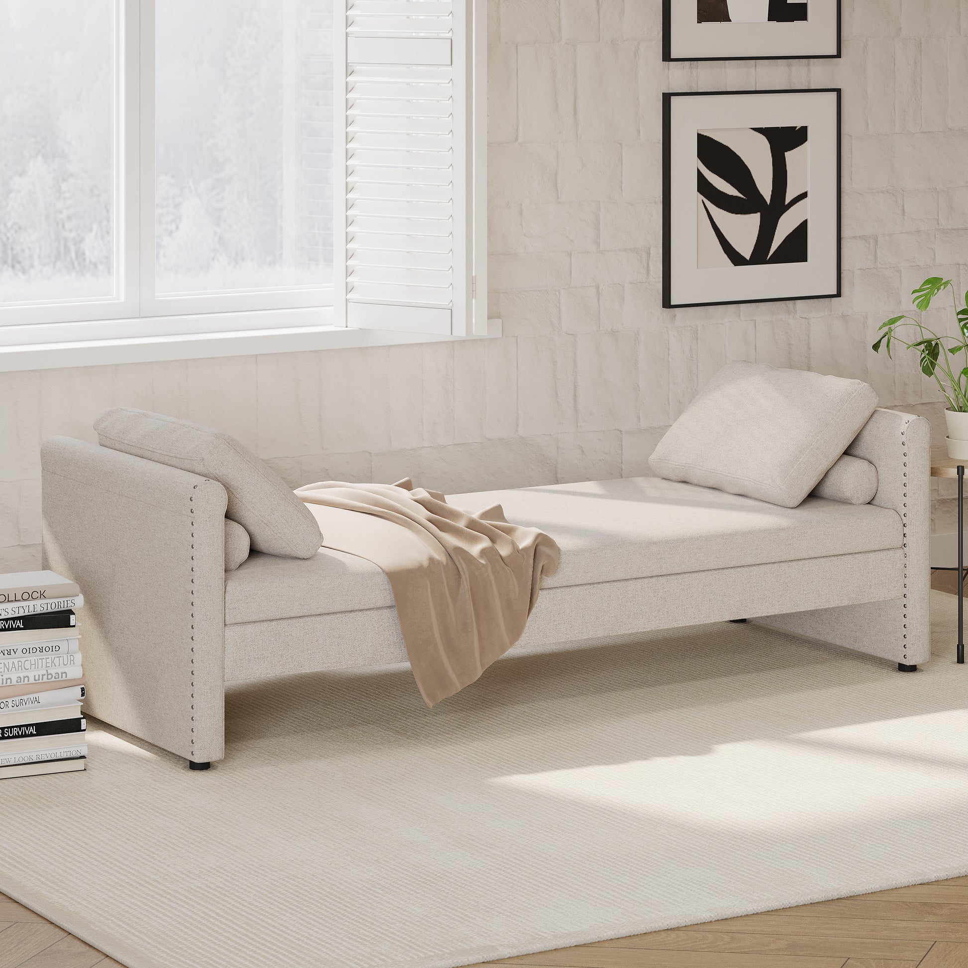 Modern Upholstered Chaise Lounger Daybed With Pillows Small Single Daybed, No Mattress Needed, Perfect For Living Rooms & Home Office,Linen Fabric, Beige Beige Linen