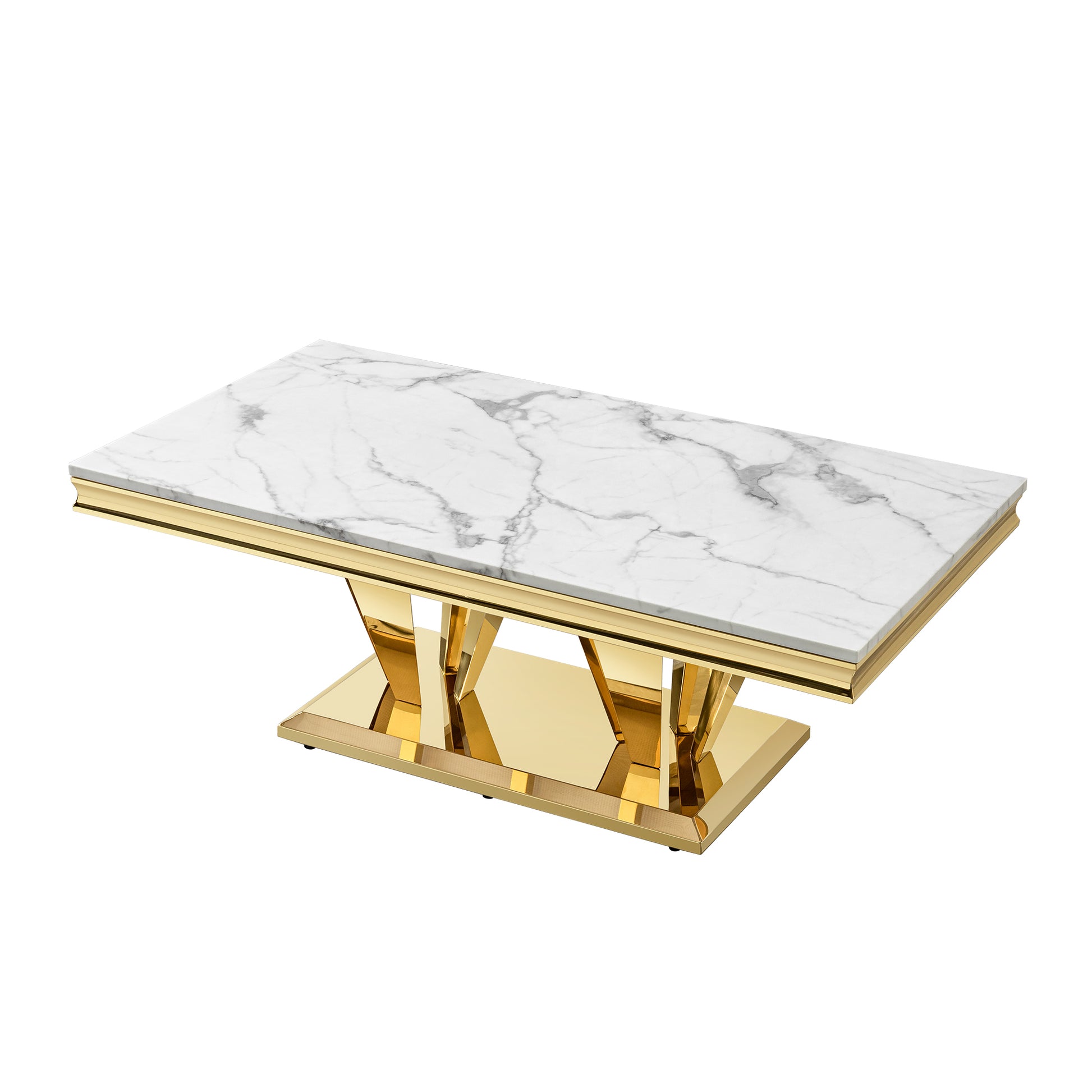58.18" Modern Rectangular 0.78" Thick Mdf Marble Pattern Top, Coffee Table Stainless Steel Base With Gold Mirror Finish Gold Primary Living Space Modern Coffee & End Tables Rectangular Stainless Steel