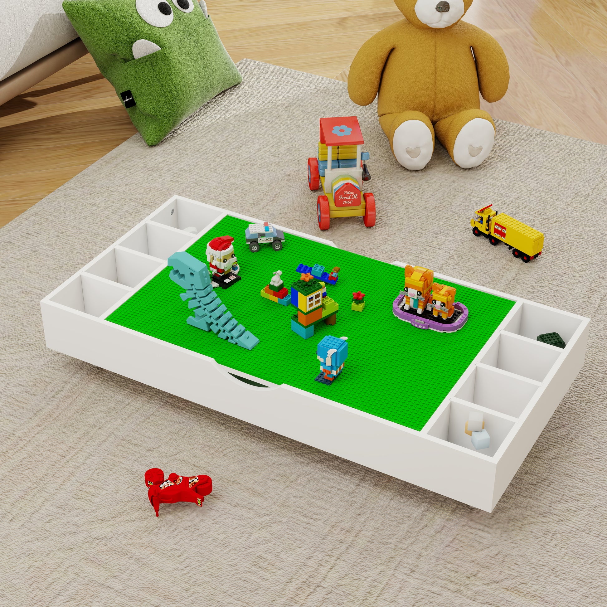 The 2 In 1 Rollaway Play Table And Toy Organizer Compatible With Lego Suitable For Storing Under Bed Or Sofa White 38" X 18.7" X 5.9" White Green Mdf