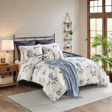 7 Piece Printed Seersucker Comforter Set With Throw Blanket Blue Full Queen Full Blue Microfiber