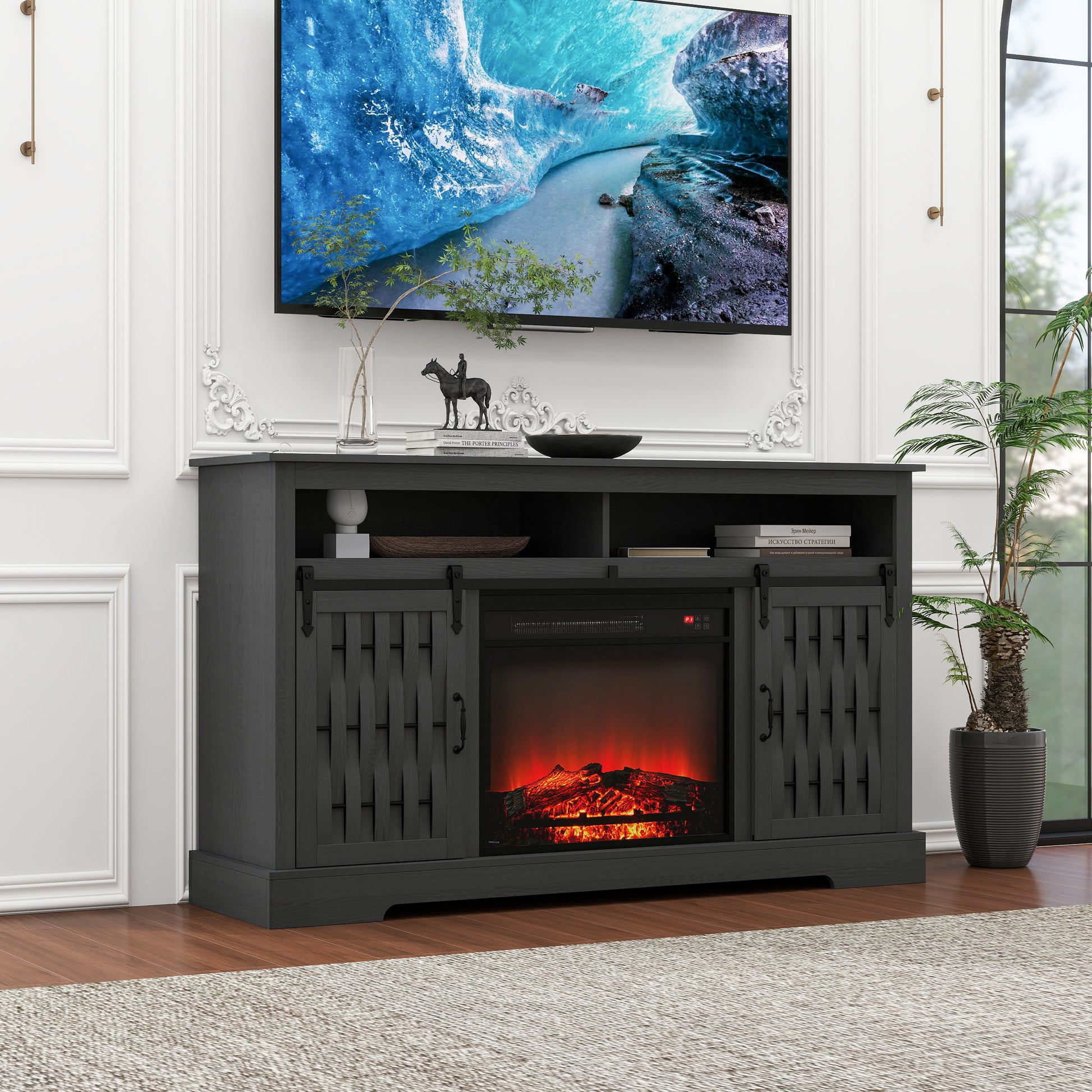 Fireplace Tv Stand For Tvs Up To 65", Entertainment Center With 23" Electric Fireplace, Farmhouse Tv Stand Industrial Media Console With Sliding Barn Door For Living Room, 58 Inch Dark Gray Particle