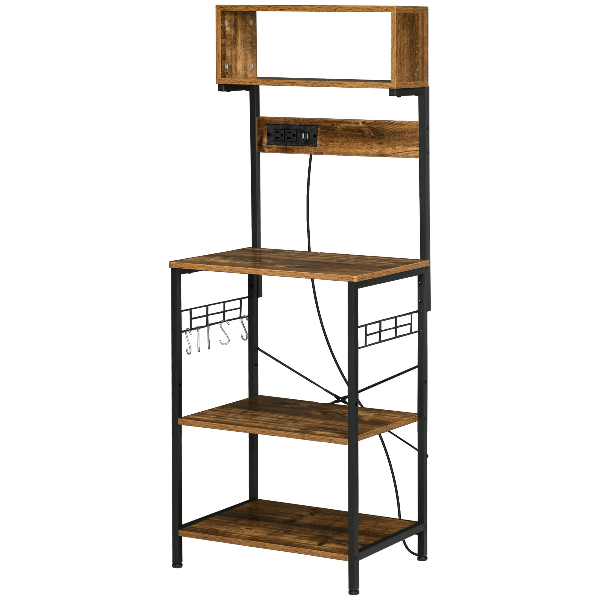 Homcom Kitchen Bakers Rack With Power Outlet, Usb Charger, Microwave Stand, Coffee Bar With Adjustable Shelves, 5 Hooks For Spices, Pots And Pans, Rustic Brown Rustic Brown Particle Board