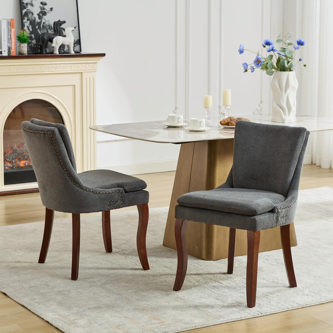 Modern Dining Chairs Set Of 2,Double Layer Cushioned Chenille Fabric Upholstered Accent Side Leisure Chairs With Mid Back And Curved Solid Wood Legs For Living Room Dining Room Gray Gray Dining Room American Design Dining Chairs Rubberwood Set Of 2 Foam