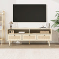 Rattan Tv Stand With Solid Wood Feet, Tv Console Table For Living Room, Natural Oak Particle Board