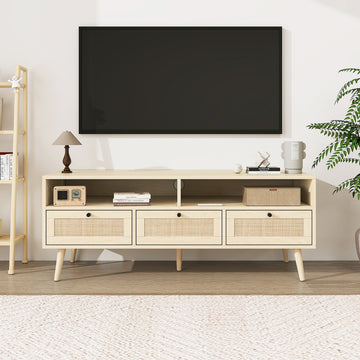 Rattan Tv Stand With Solid Wood Feet, Tv Console Table For Living Room, Natural Oak Particle Board