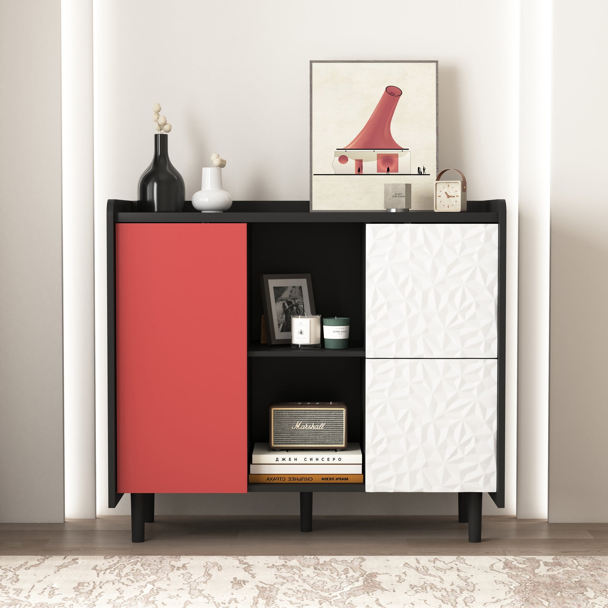 Sideboard Buffet Cabinet, Black Storage Cabinet With Red Doors2 Drawers With Unique Panel Styling And 2 Open Storage Compartment, Modern Coffee Bar Cabinet Accent Cabinet For Kitchen, Dining Room Black Red Mdf