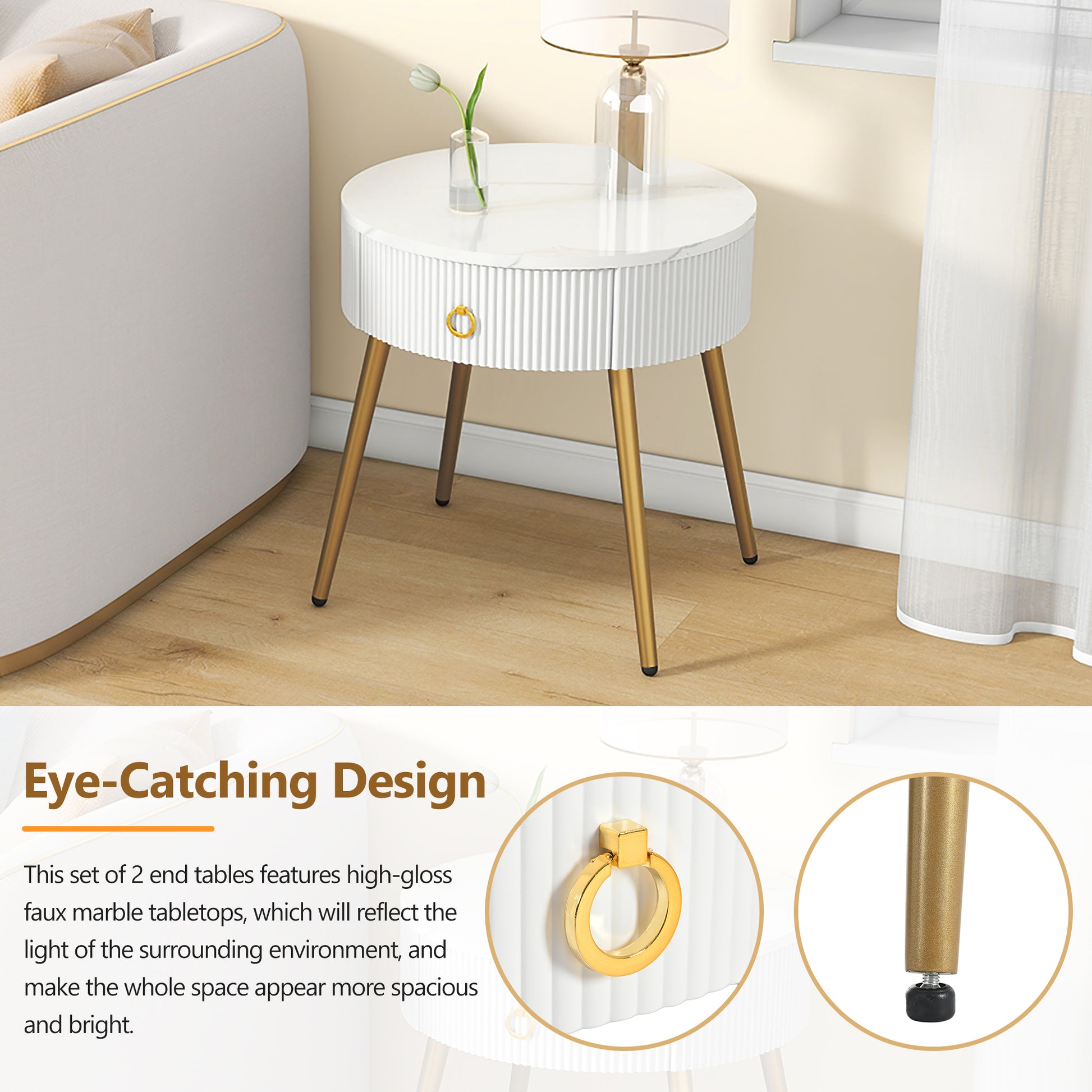 19.6'' Easy Assembly End Tables With High Gloss Faux Marble Tabletops, Set Of 2, Modern Fluted 2 Side Tables With Drawers, Round Coffee Tables With Golden Legs For Living Room, White White Gold Primary Living Space Drawers Round Mdf Iron
