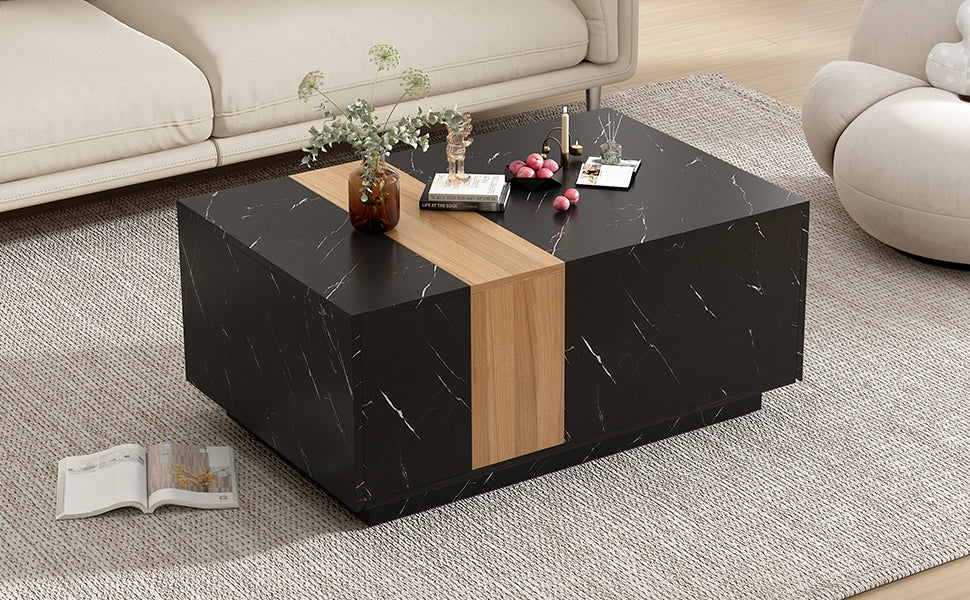 Modern 35.4 X 23.6 Inch Two Tone Coffee Table With Faux Marble And Walnut Wood Grain Finish, Rectangular Center Table With 2 Storage Drawers, Practical Cocktail Table For Living Room, Black Black Primary Living Space Drawers Rectangular Particle Board