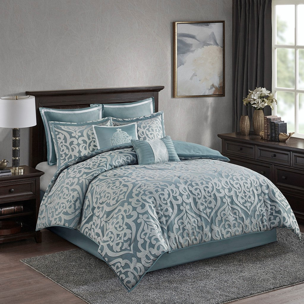 8 Piece Jacquard Comforter Set Aqua Silver Queen Queen Aqua Silver Polyester